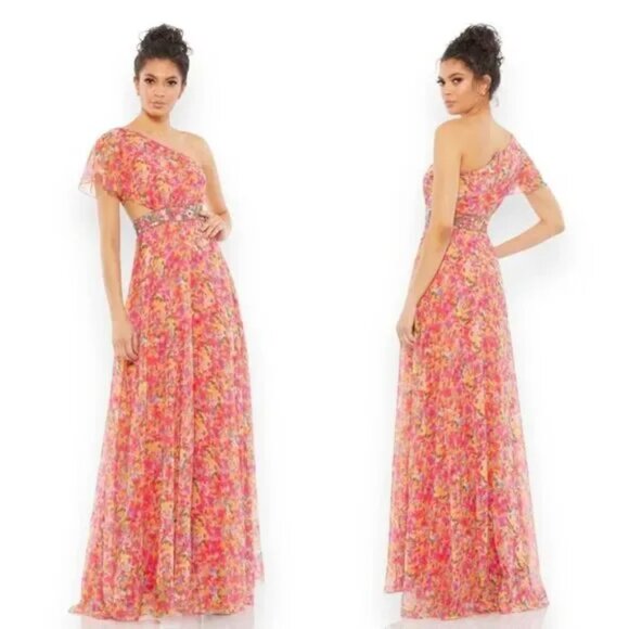 NWOT Mac Duggal 9157 - Floral Print One Shoulder Butterfly Sleeve A Line Gown - Picture 1 of 7